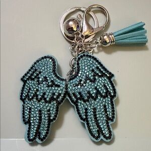 Aqua Crystal Angel Wings Keychain with Tassel